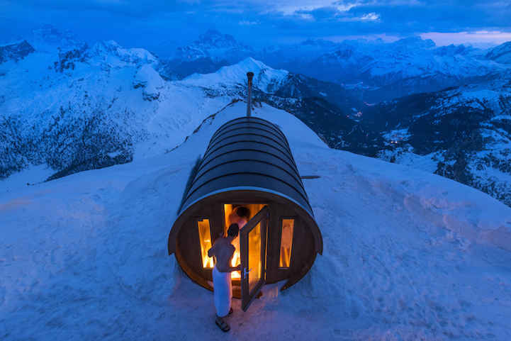A sauna  at 2.800 mt high, in the heart of Dolomites. Monte Lagazuoi, Cortina, eastern Italian Alps.